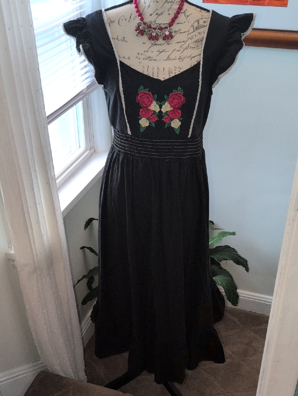 SHEIN Black Midi Dress with Rose Embroidery🌹